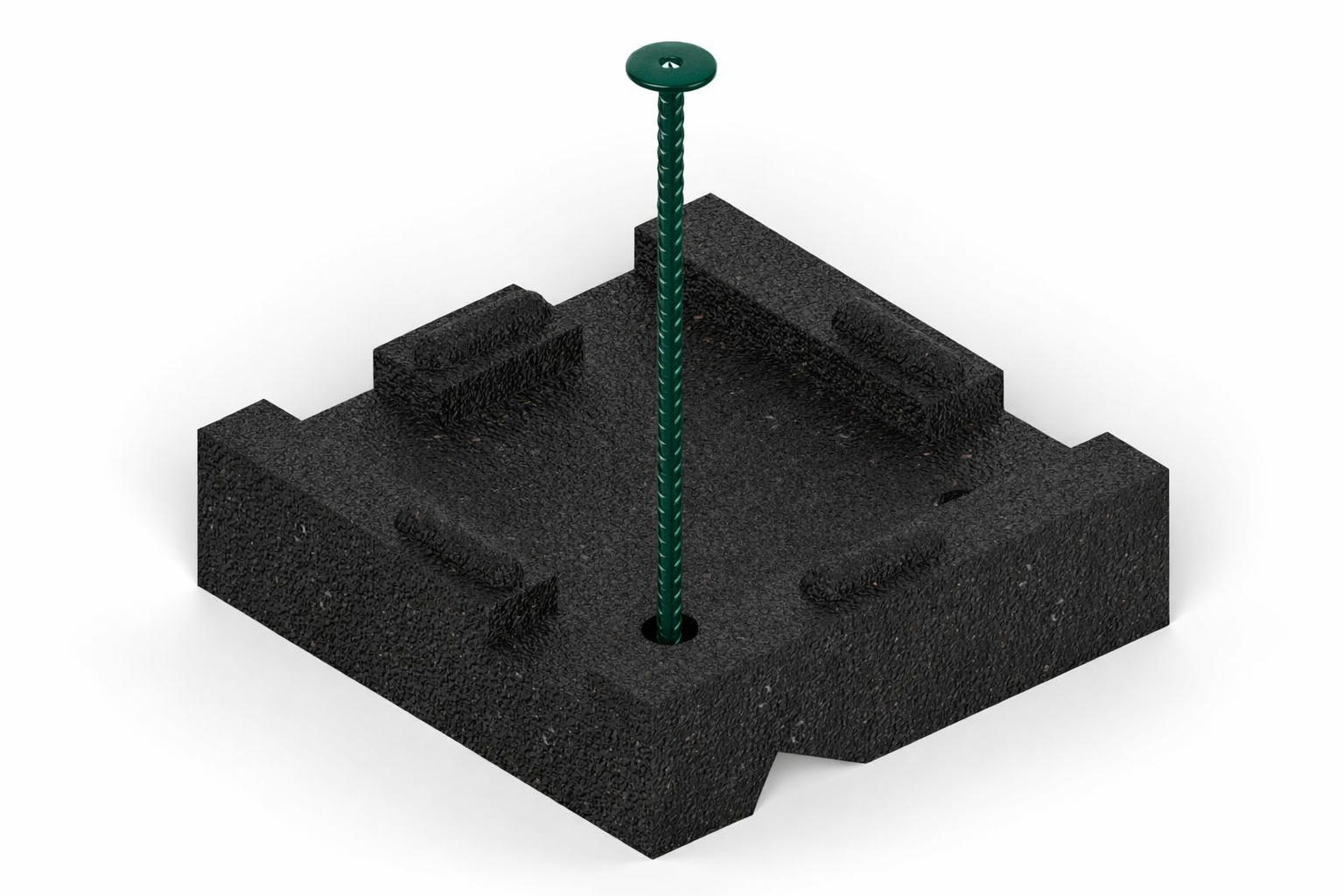 Large black block with a rebar stake inserted through it, designed for stabilizing outdoor play equipment like swingsets and sandboxes.